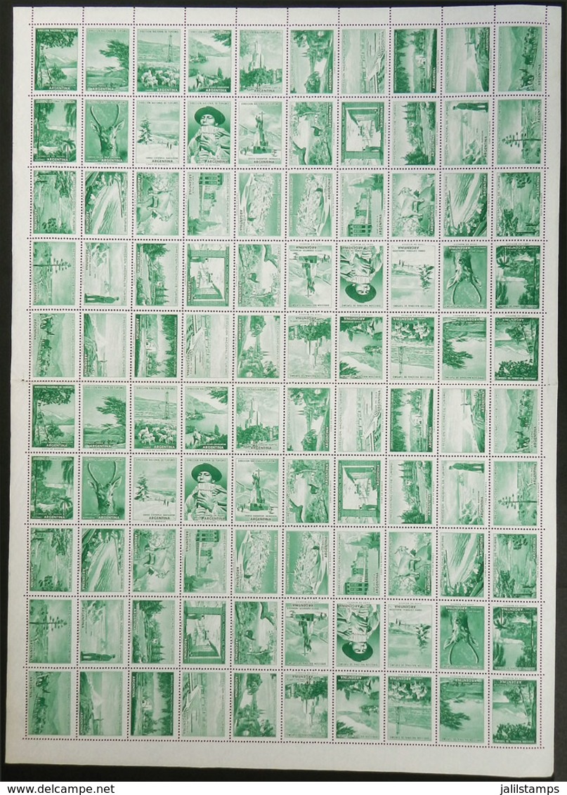 ARGENTINA: COMPLETE SHEET Of 100 Labels Of The National Board Of Tourism, GREEN COLOR, With 4 Complete Sets Of 25 Cinder - Vignetten (Erinnophilie)