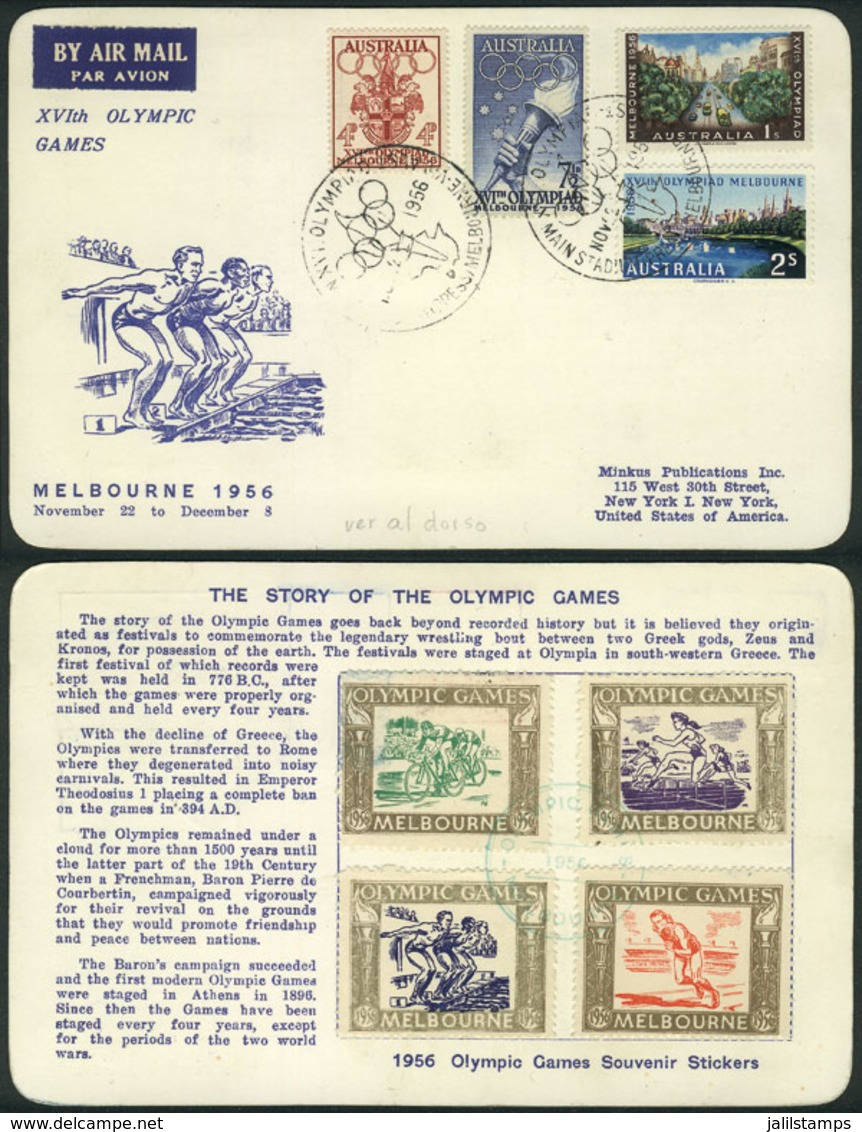 AUSTRALIA: Card Franked With The Set Of The MELBOURNE OLYMPIC GAMES (+ 4 Interesting Cinderellas On Reverse), Sent To US - Autres & Non Classés