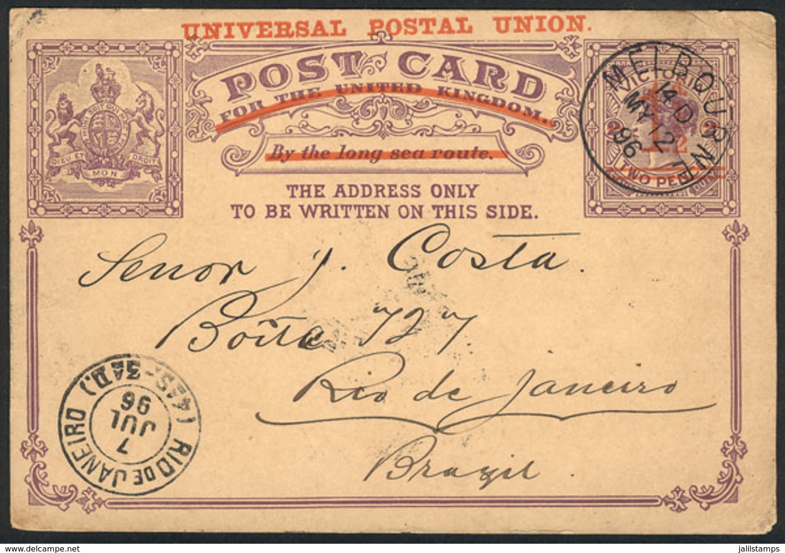 AUSTRALIA - VICTORIA: Surcharged 1½p. Postal Card Sent From MELBOURNE To Rio De Janeiro (Brazil) On 12/MAY/1896, Rare De - Altri & Non Classificati