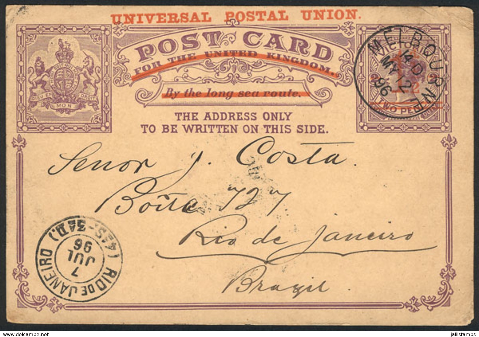 AUSTRALIA - VICTORIA: Surcharged 1½p. Postal Card Sent From MELBOURNE To Rio De Janeiro (Brazil) On 12/MAY/1896, Rare De - Andere & Zonder Classificatie