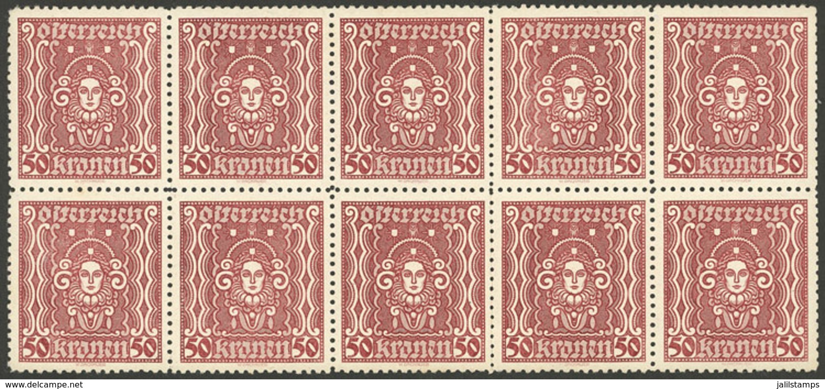 AUSTRIA: Sc.290a, 1922/4 50K. Perforation 11½, Beautiful MNH Block Of 10, VF Quality! - Autres & Non Classés