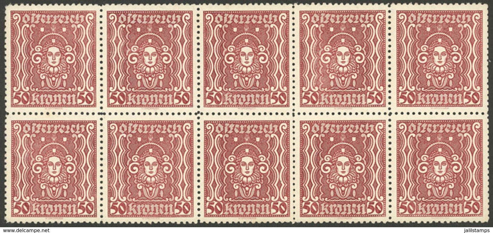 AUSTRIA: Sc.290a, 1922/4 50K. Perforation 11½, Beautiful MNH Block Of 10, VF Quality! - Andere & Zonder Classificatie