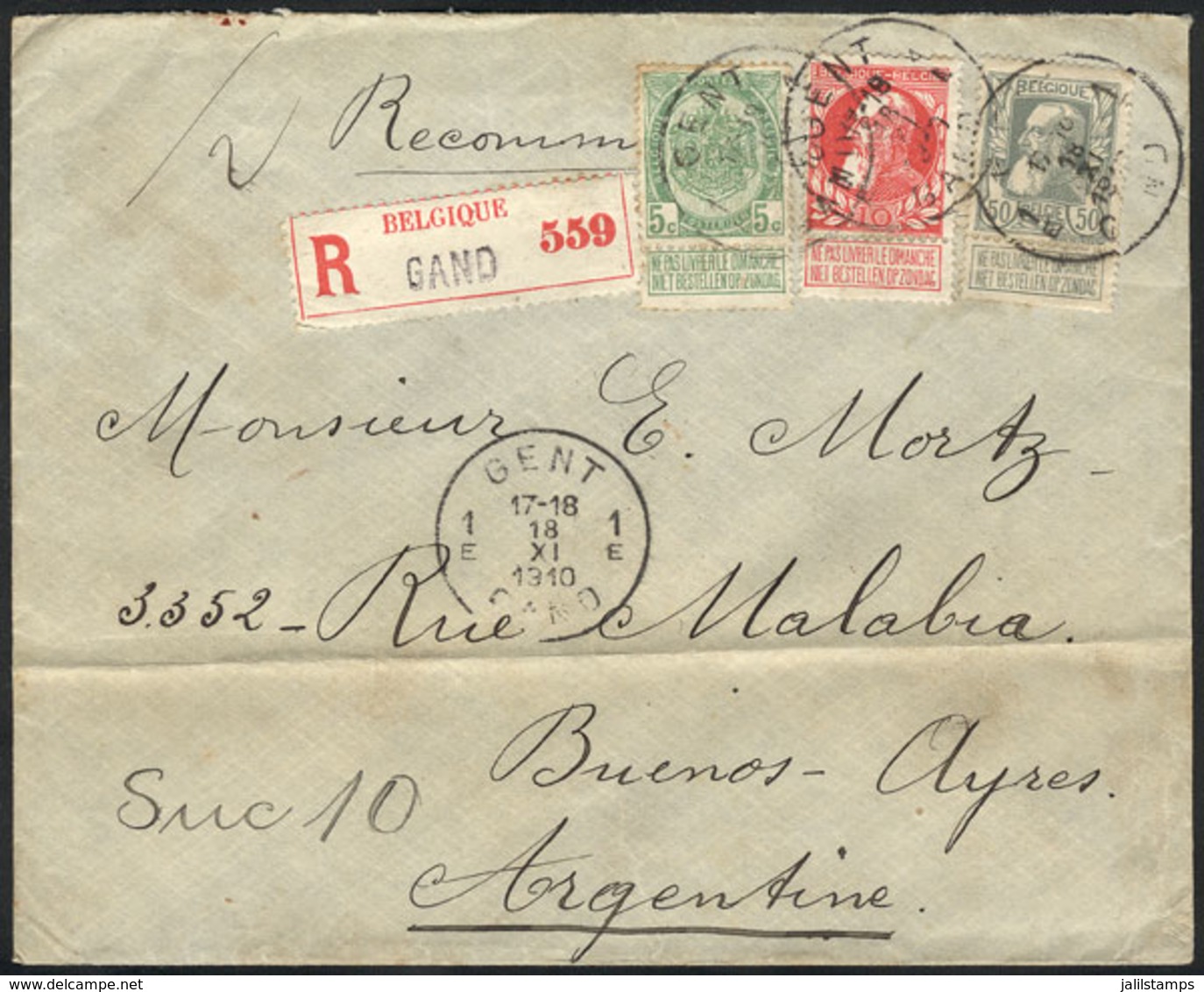 BELGIUM: Registered Cover Franked By Sc.84 + 85 + 89 (total 65c.), Sent From Gent To Argentina On 18/NO/1910, Very Hands - Otros & Sin Clasificación