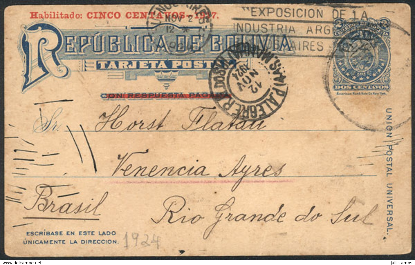 BOLIVIA: Provisional 5c. Postal Card Sent From Tupiza To Porto Alegre On 29/OC/1924, With Buenos Aires Transit Mark, Rar - Bolivia