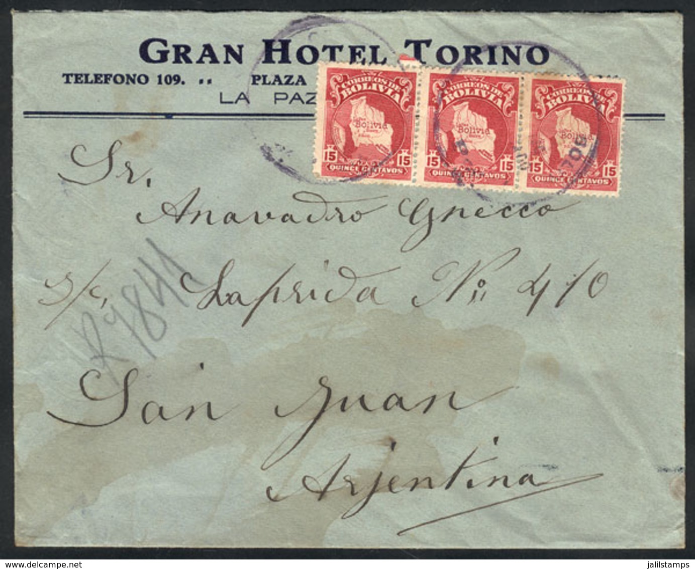 BOLIVIA: Registered Cover Sent From La Paz To San Juan (Argentina) In MAR/1929 Franked With 45c., With Transit Backstamp - Bolivie