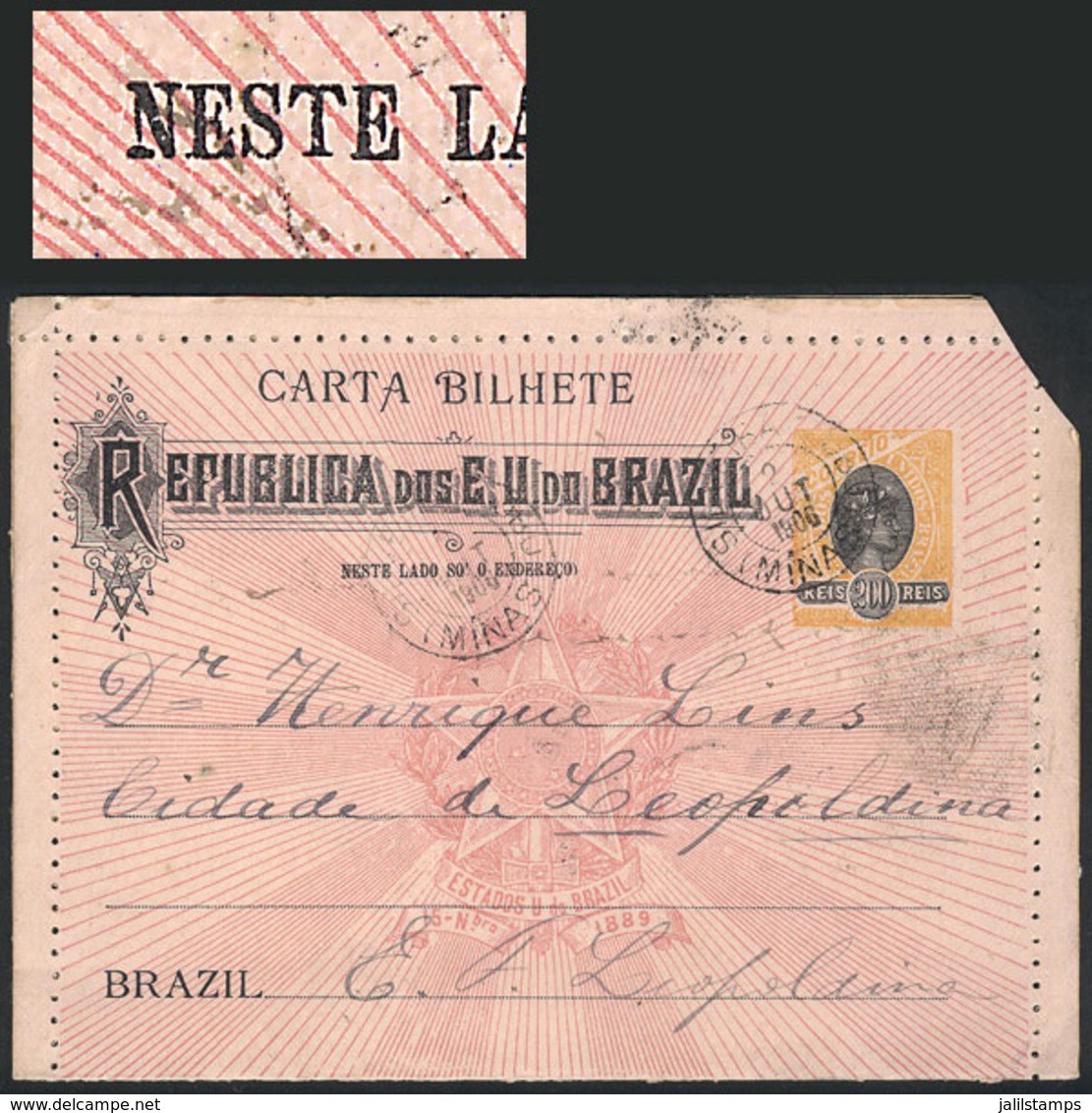 BRAZIL: RHM.CB-71J, Lettercard, Without Parenthesis Before "NESTE", Used In 1906, Fine Quality, Catalog Value 300Rs." - Ganzsachen