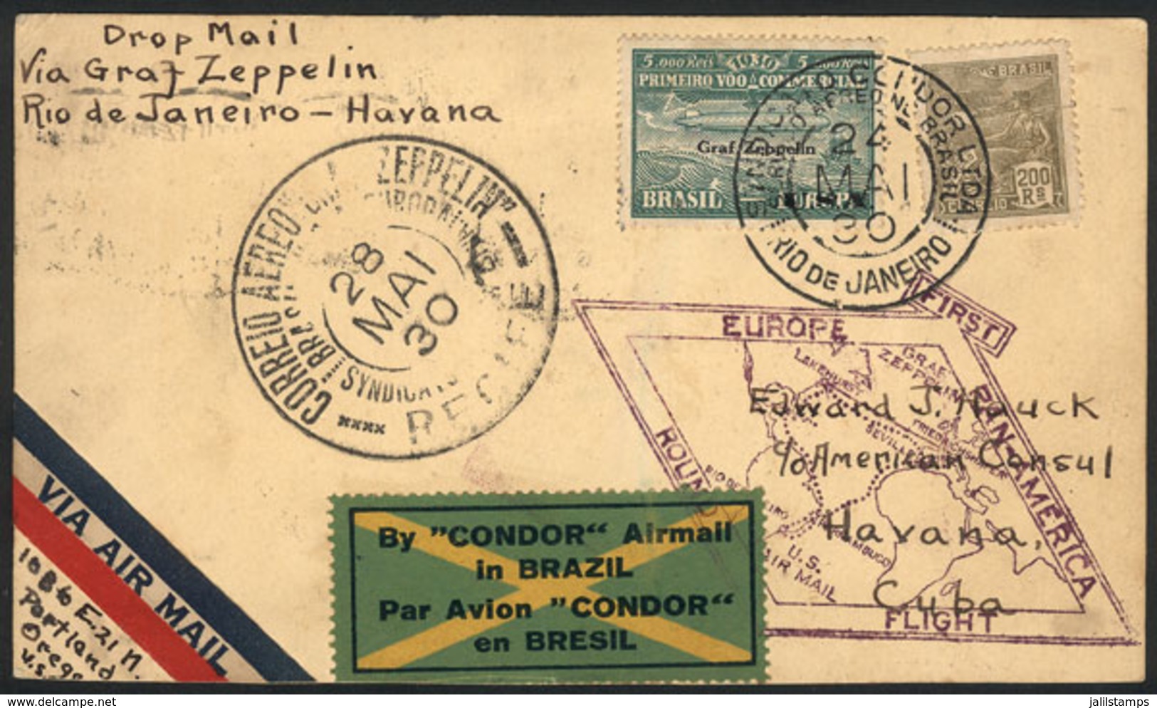 BRAZIL: 24/MAY/1930 Rio De Janeiro - Havana (Cuba), Via ZEPPELIN: Card Franked By RHM.Z-7 + 200Rs. Definitive Stamp, Wit - Autres & Non Classés