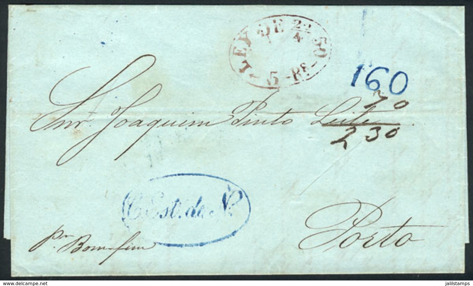 BRAZIL: Entire Letter Dated BAHIA 12/SE/1850, Sent To Porto With Transit Via Lisboa, With Sea Mail Rating Of 160Rs. And  - Autres & Non Classés