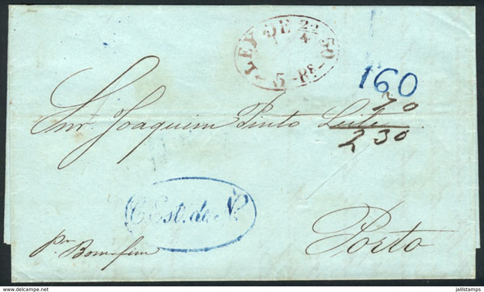 BRAZIL: Entire Letter Dated BAHIA 12/SE/1850, Sent To Porto With Transit Via Lisboa, With Sea Mail Rating Of 160Rs. And  - Otros & Sin Clasificación