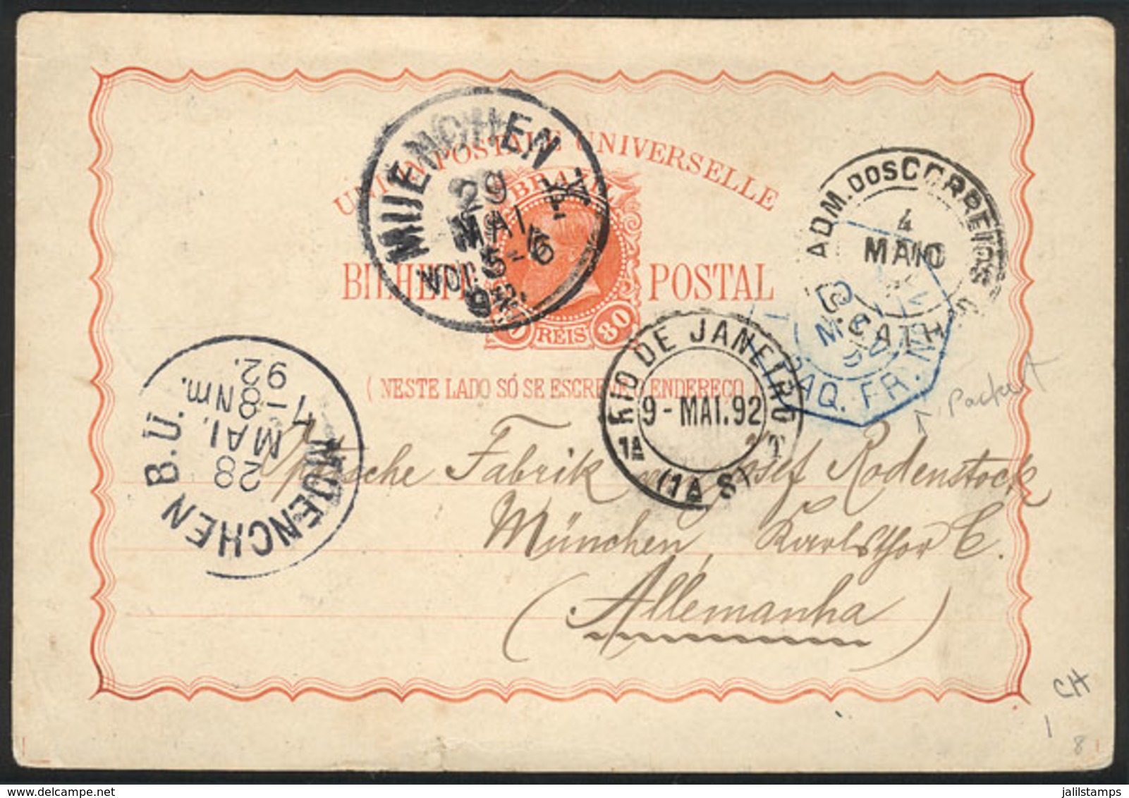 BRAZIL: 80Rs. Postal Card Sent From DESTERRO (Santa Catarina) To Germany On 3/MAY/1892 By French Paquebot. The Sender Wa - Andere & Zonder Classificatie