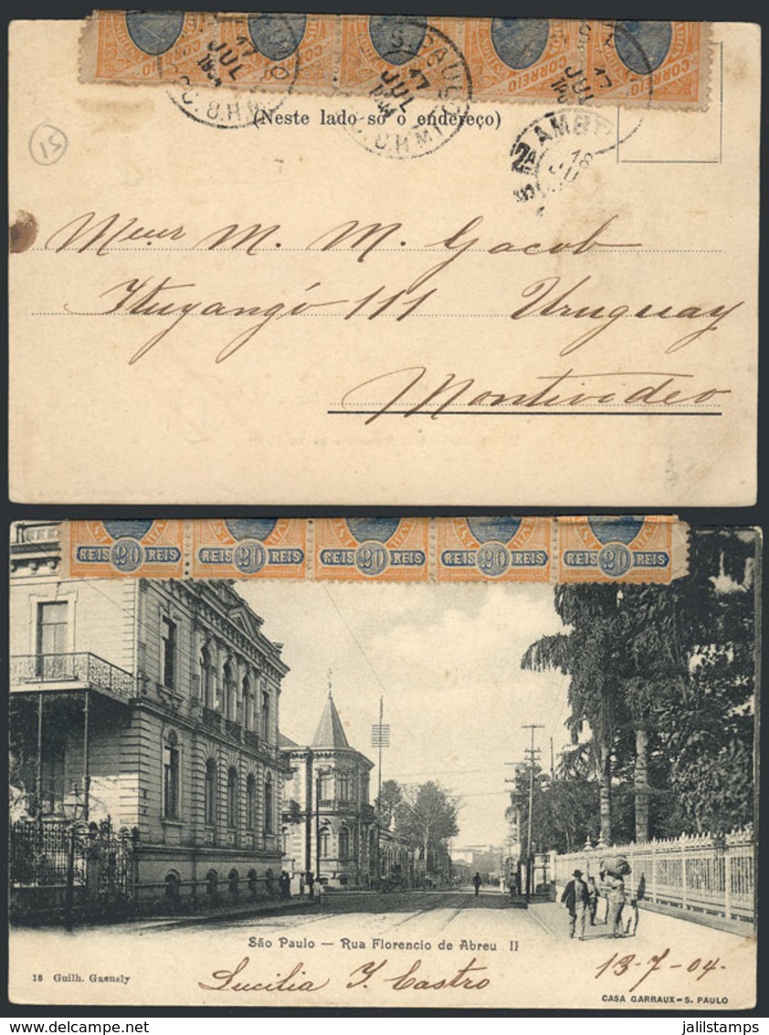 BRAZIL: Postcard (Sao Paulo: Rua Florencio De Abreu) Franked With Strip Of 5 Of 20Rs. And Sent To Montevideo On 17/JUL/1 - Other & Unclassified