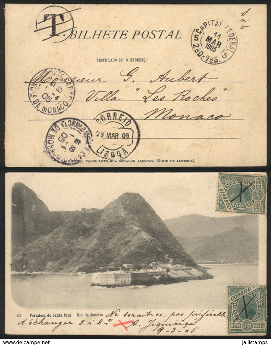 BRAZIL: Postcard With View Of Rio De Janeiro, Sent From Rio To MONACO On 11/MAR/1905, Franked On The Viewside With 100Rs - Other & Unclassified