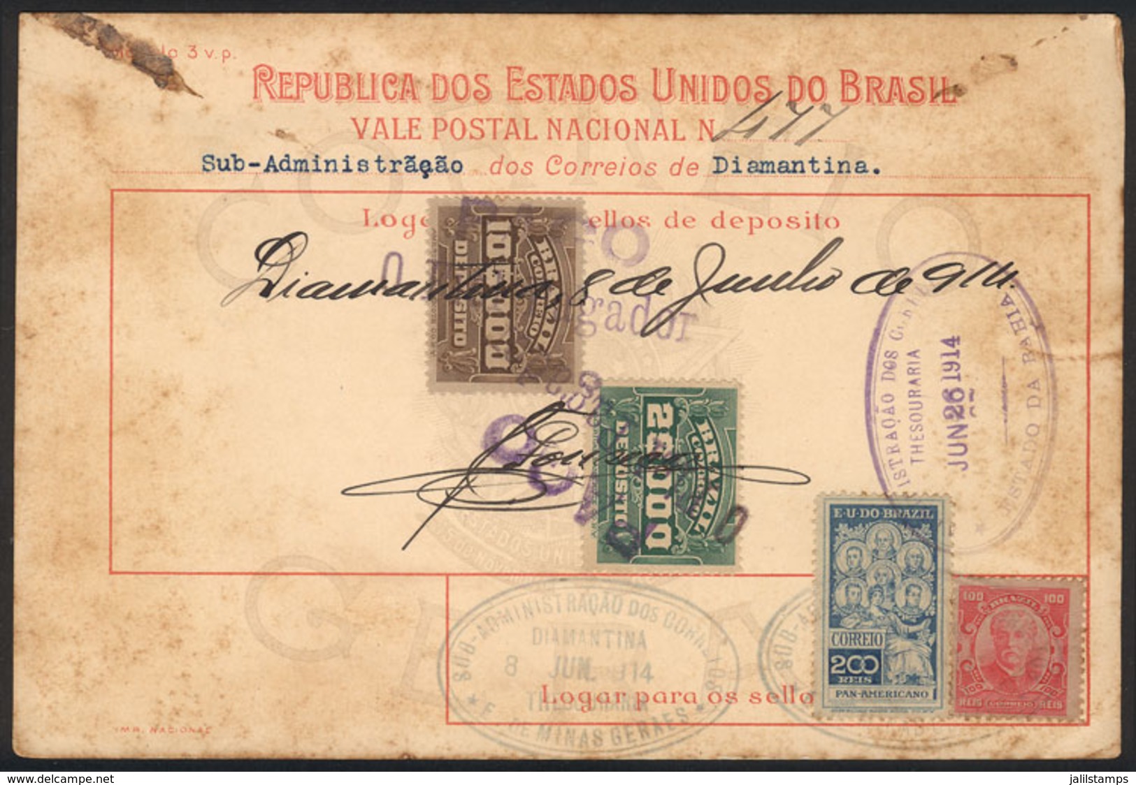 BRAZIL: Postal Money Order Used On 26/JUN/1914, Franked By RHM.C-9 + Another Value, VF And Rare! - Autres & Non Classés