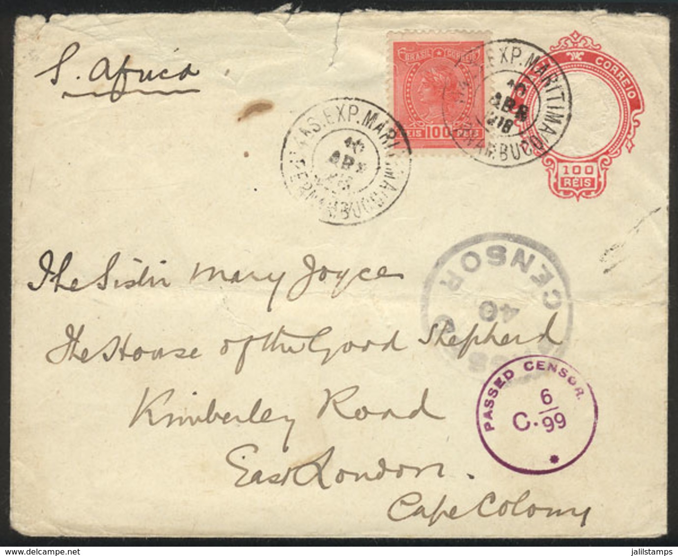 BRAZIL: Cover Sent From Pernambuco To SOUTH AFRICA On 10/AP/1918, Interesting Censor Marks, Unusual Destination! - Otros & Sin Clasificación