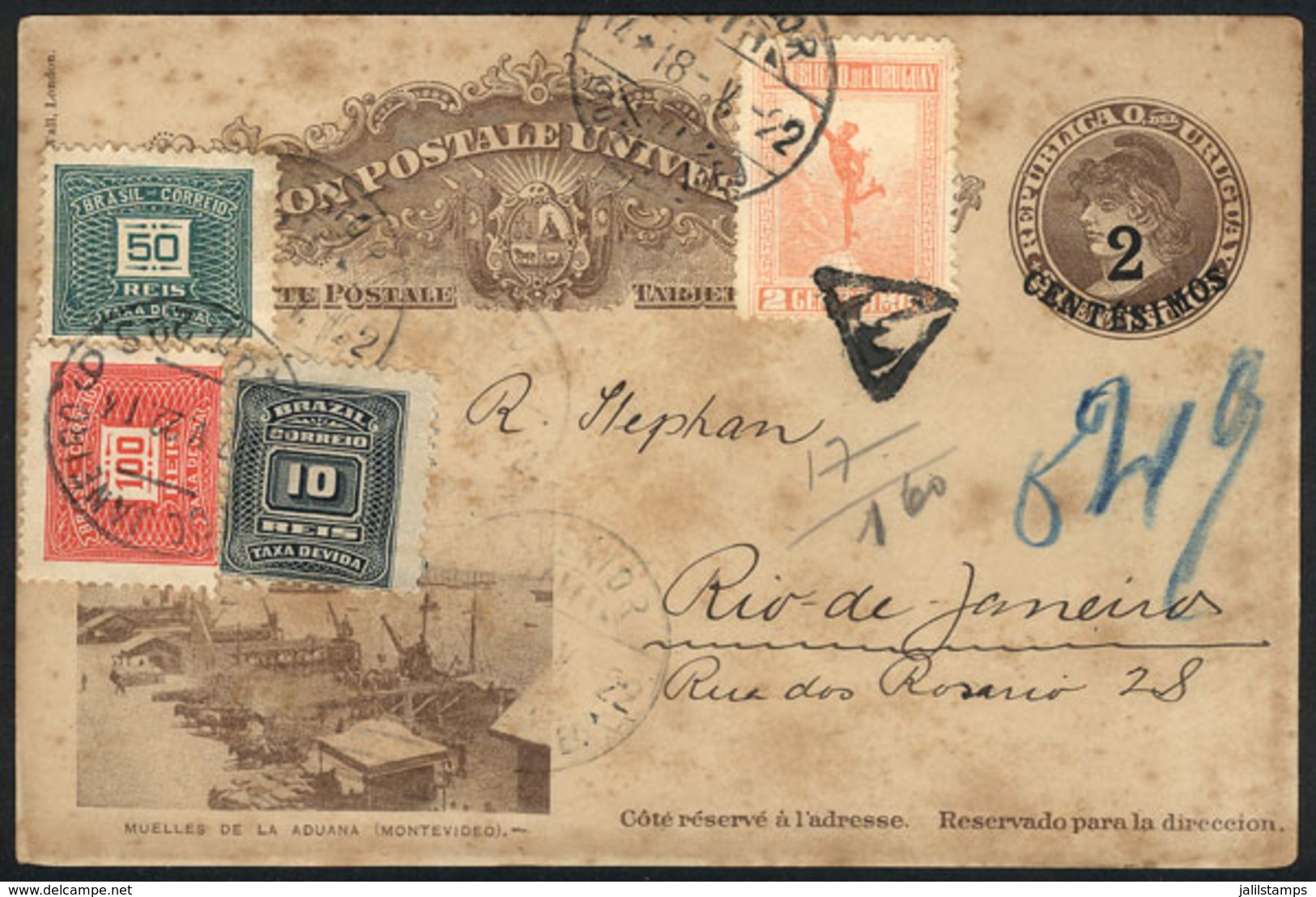 BRAZIL: 2c. Illustrated Postal Card (Customs Docks, Montevideo) Uprated With 2c., Sent From Uruguay To Rio De Janeiro On - Andere & Zonder Classificatie