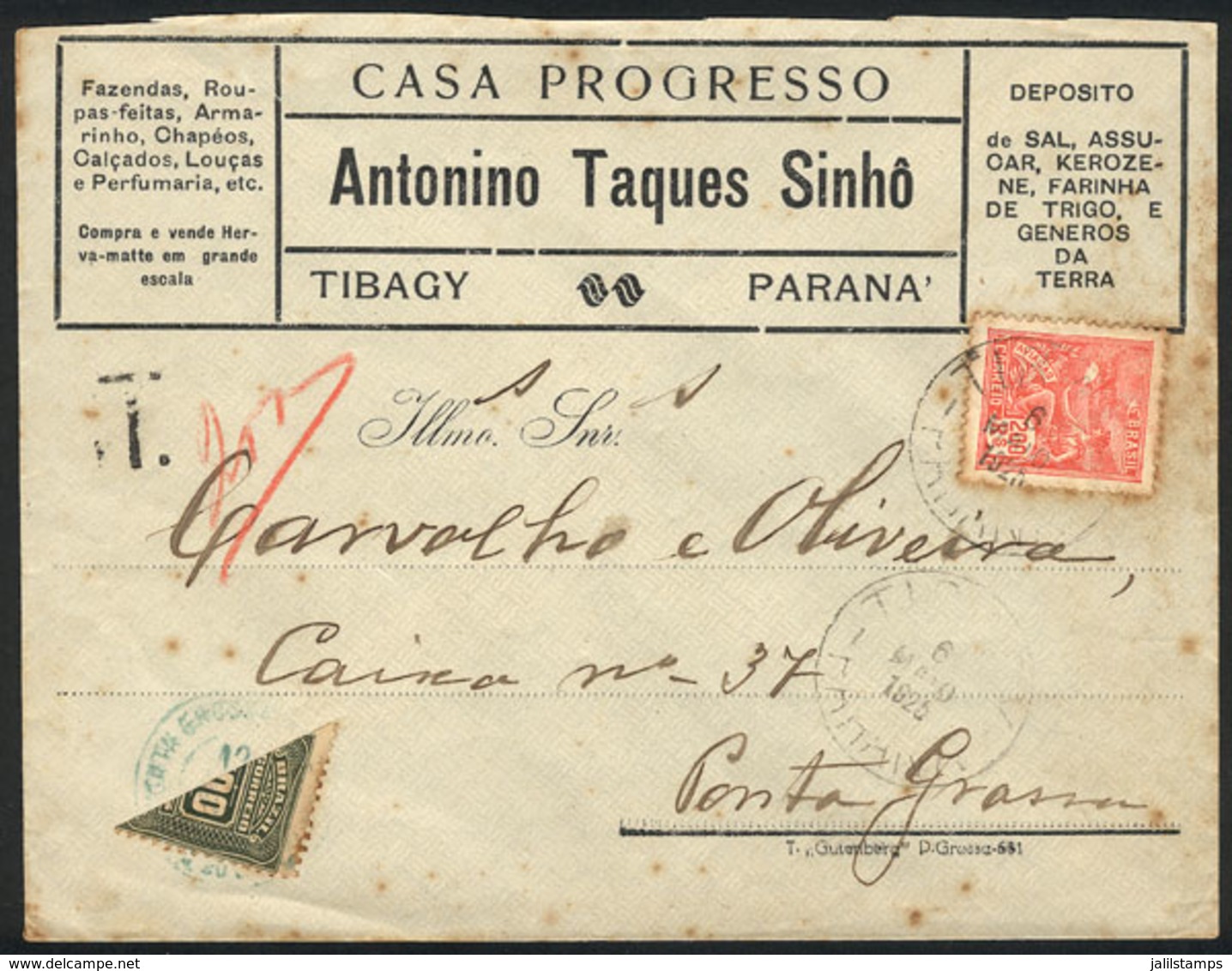 BRAZIL: Cover Franked With 200Rs. And Sent From Tibagy (Parana) To Ponta Grossa On 6/MAY/1925, With Due Mark For 200Rs.  - Autres & Non Classés