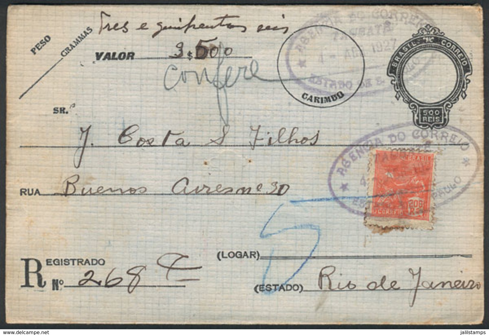 BRAZIL: Cover With Declared Values Sent From TAUBATÉ To Rio On 4/AP/1927, VF! - Autres & Non Classés