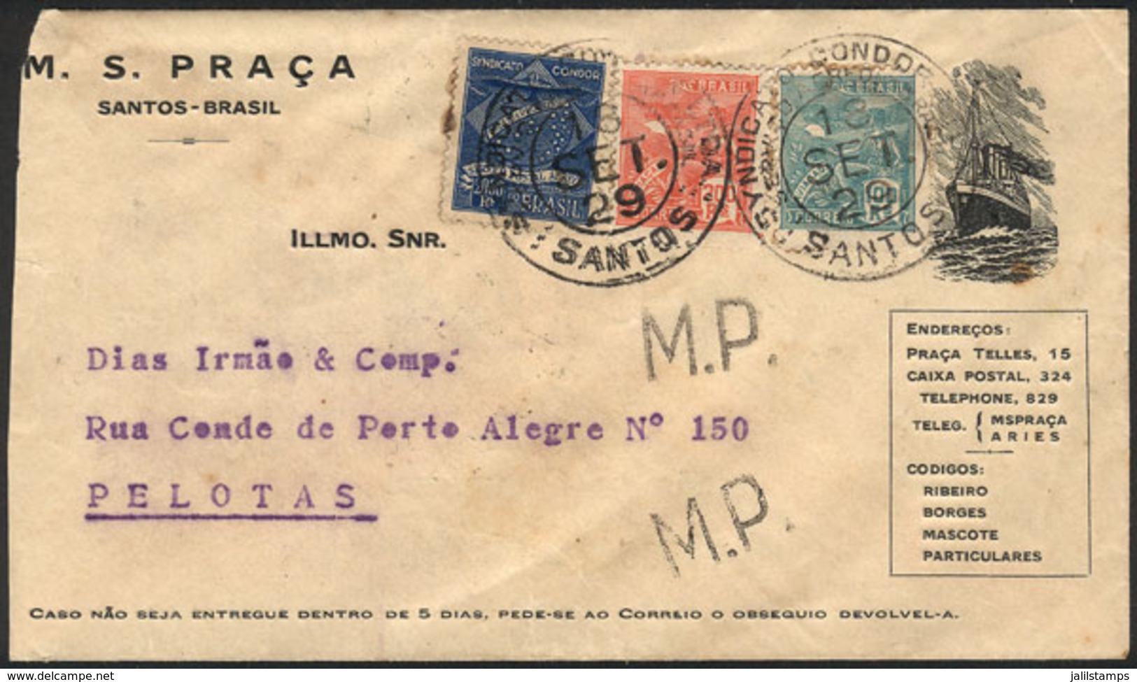 BRAZIL: Airmail Cover Sent From Santos To Pelotas On 18/SE/1929, VF Quality! - Autres & Non Classés