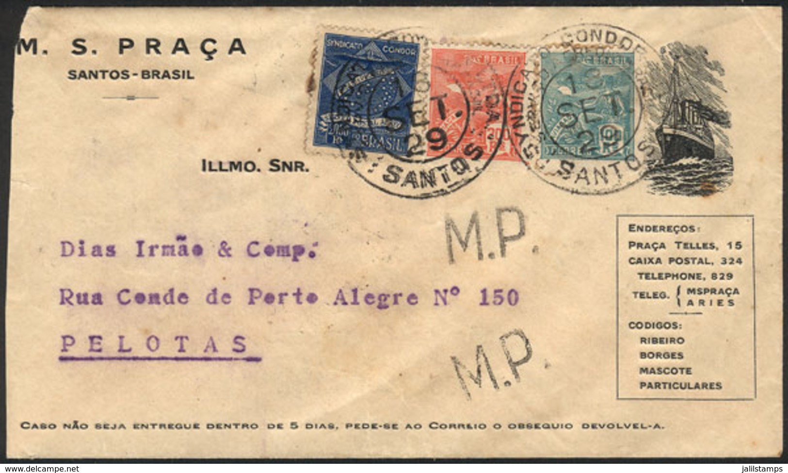 BRAZIL: Airmail Cover Sent From Santos To Pelotas On 18/SE/1929, VF Quality! - Andere & Zonder Classificatie