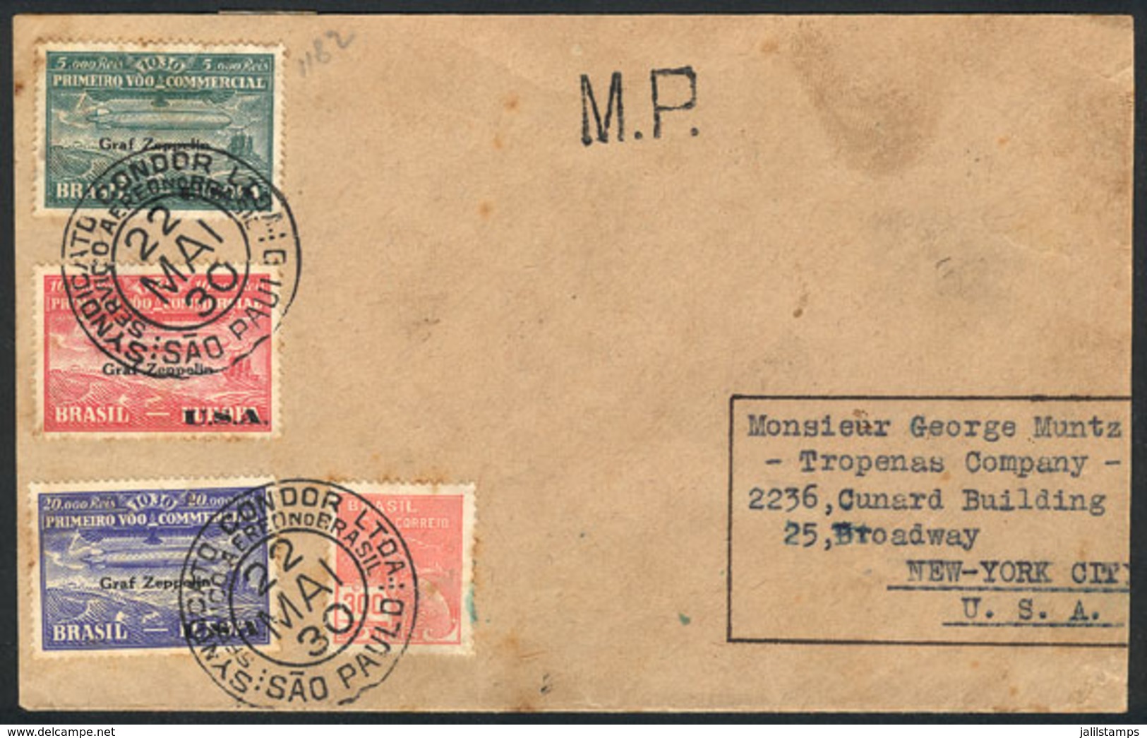 BRAZIL: 22/MAY/1930 Sao Paulo - New York, Via ZEPPELIN: Cover Franked By Sc.4CL8/9/10 (complete Set, Scott Value In Used - Autres & Non Classés