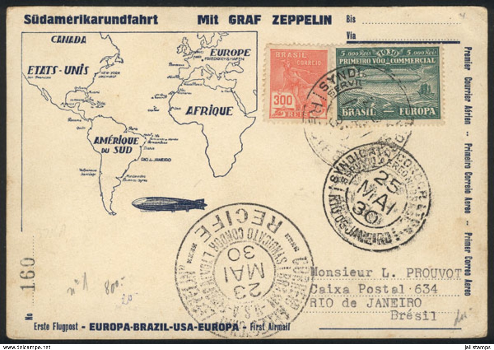 BRAZIL: 23/MAY/1930 Recife - Rio De Janeiro, Via ZEPPELIN: Card Franked By Sc.4CL1 + 300Rs. Definitive, Rio Arrival Mark - Autres & Non Classés