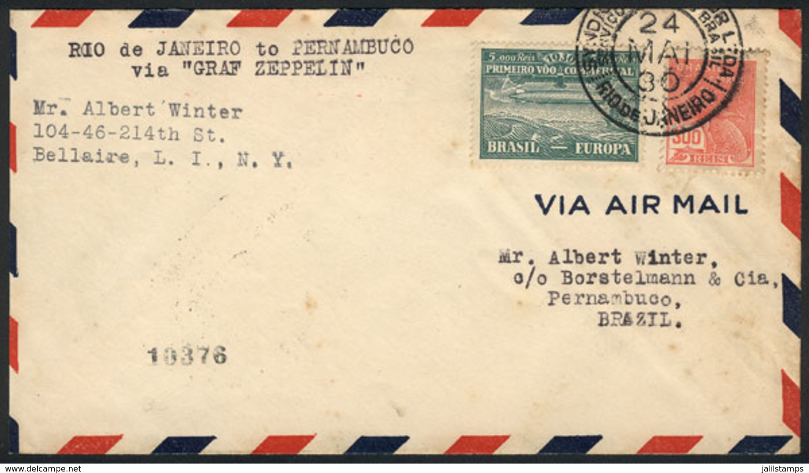 BRAZIL: 24/MAY/1930 Rio De Janeiro - Recife, By ZEPPELIN: Cover Franked By Sc.4CL1 + 300Rs. Definitive, Arrival Backstam - Andere & Zonder Classificatie
