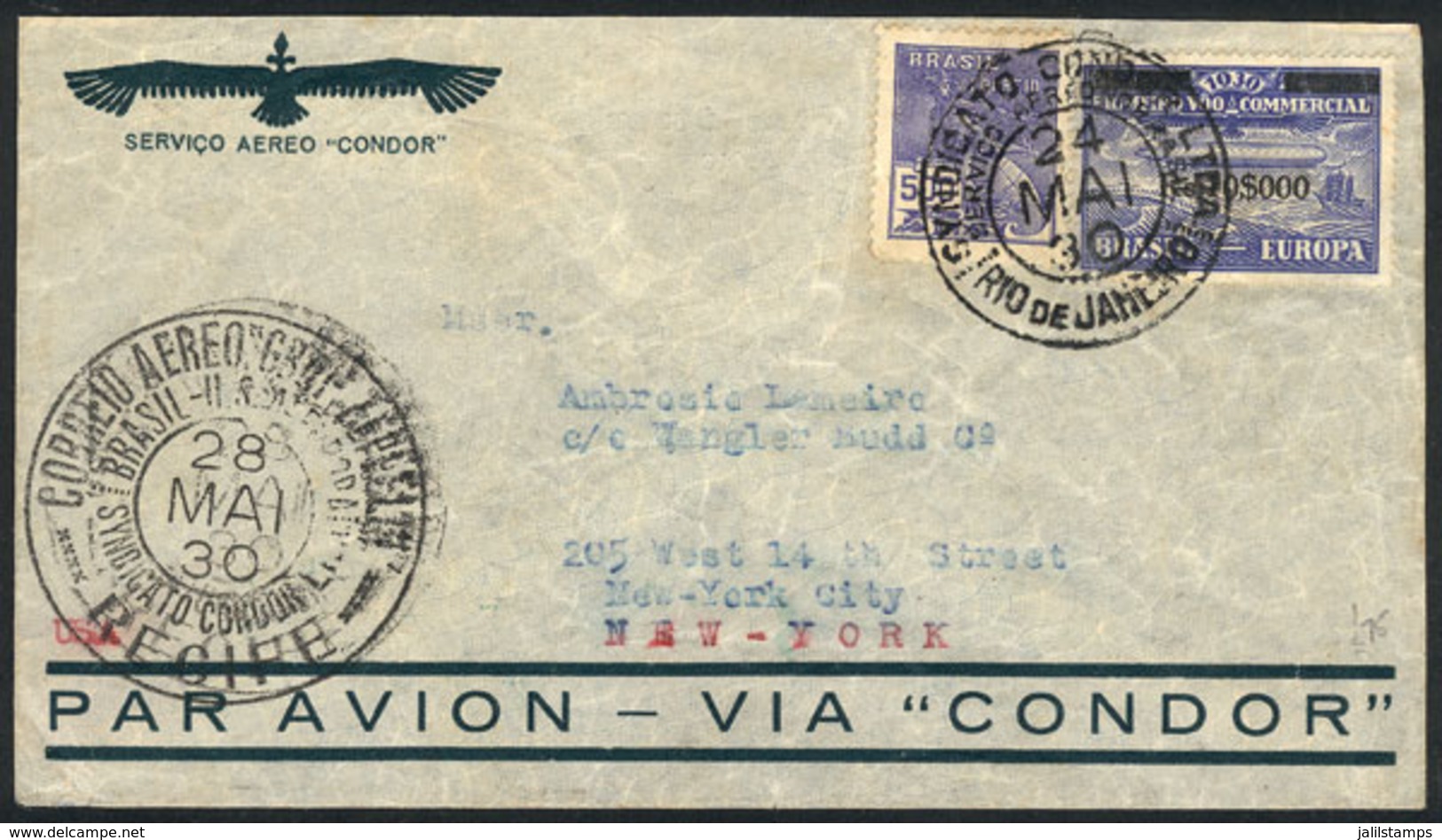 BRAZIL: 24/MAY/1930 Rio De Janeiro - New York, Via ZEPPELIN: Cover Franked By Sc.4CL5 + 300Rs. Definitive, With Transit  - Other & Unclassified