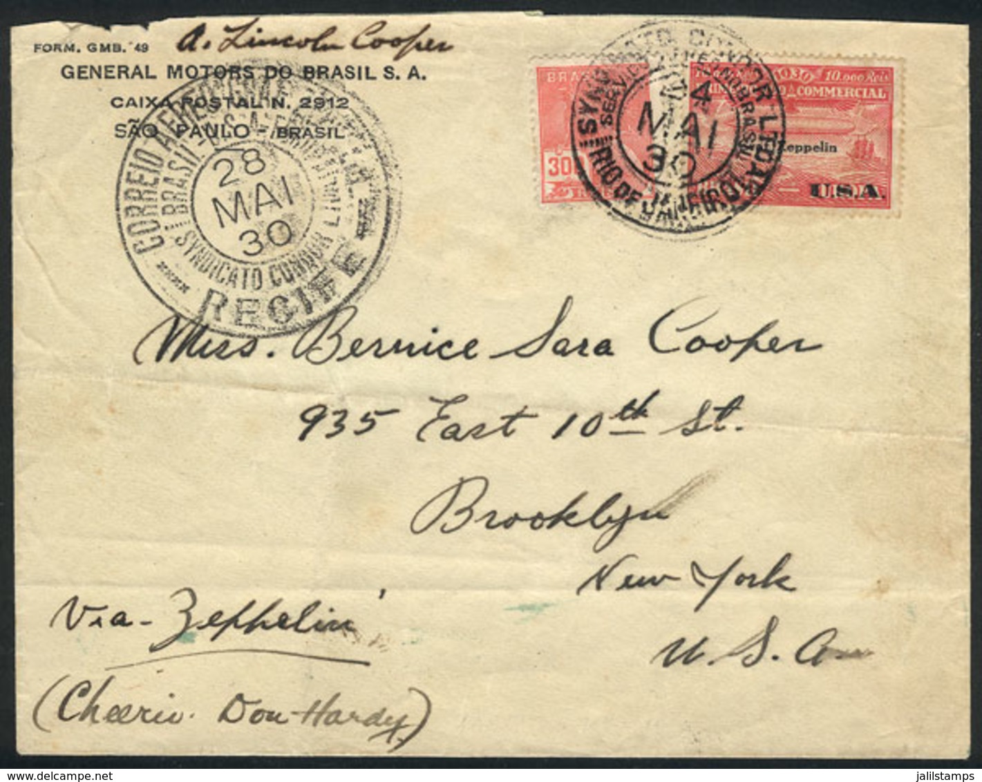 BRAZIL: 24/MAY/1930 Rio De Janeiro - New York, Via ZEPPELIN: Cover Franked By Sc.4CL9 + 300Rs. Definitive, With Recife T - Other & Unclassified