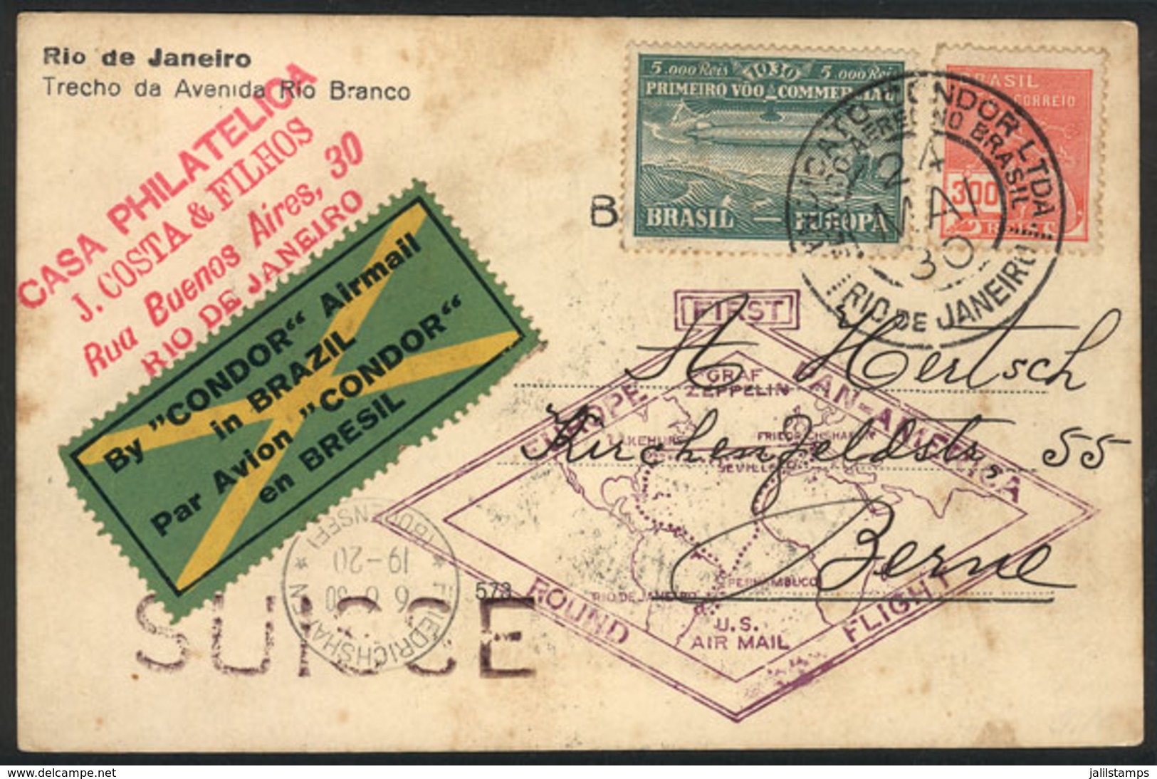 BRAZIL: 22/MAY/1930 Sao Paulo - SWITZERLAND: Postcard Flown By ZEPPELIN, Sent To Bern On 24/MAY/1930, Fine Quality, Inte - Otros & Sin Clasificación