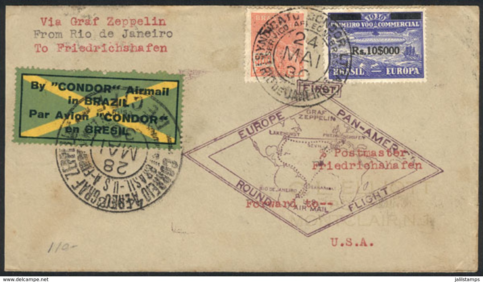 BRAZIL: 24/MAY/1930 Rio De Janeiro - PANAMÁ, Via ZEPPELIN: Cover Franked By Sc.4CL5 + 300Rs. Definitive, With Transit Ma - Autres & Non Classés