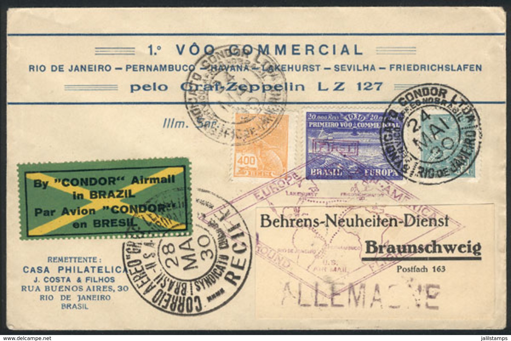 BRAZIL: 24/MAY/1930 Rio De Janeiro - Braunschweig (Germany), Via ZEPPELIN: Cover Franked By Sc.4CL3 + 500Rs. Definitive, - Autres & Non Classés