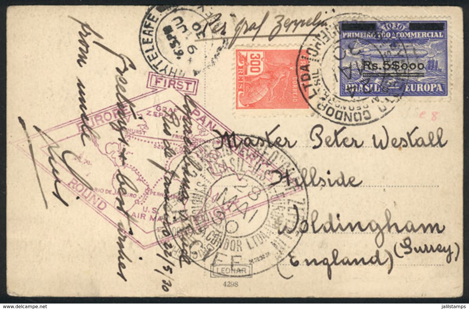 BRAZIL: 24/MAY/1930 Rio De Janeiro - England, Via ZEPPELIN: Card Franked By Sc.4CL4 + 300Rs. Definitive Stamp, Recife Tr - Autres & Non Classés