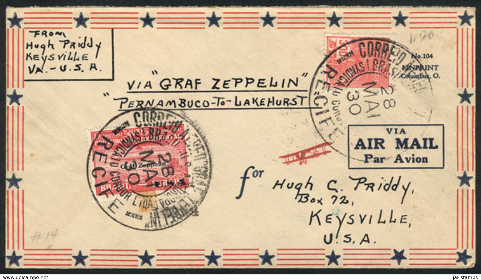 BRAZIL: 28/MAY/1930 Recife - Keysville, Via ZEPPELIN: Cover Franked By Sc.4CL9 + 300Rs. Definitive, With Lakehurst Arriv - Otros & Sin Clasificación