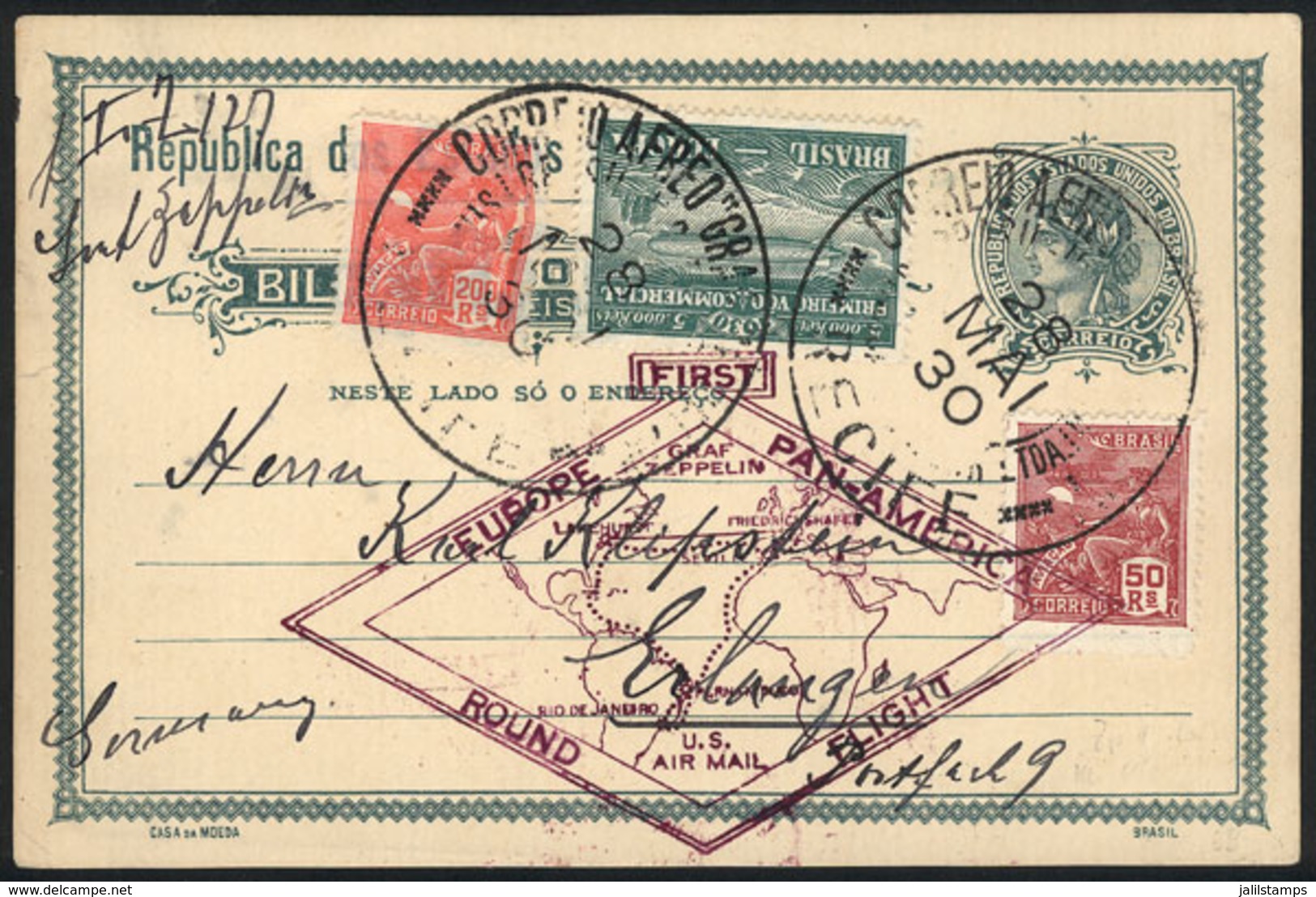 BRAZIL: Postal Card Uprated With Sc.4CL1 + Other Values, Sent From Recife To Germany On 28/MAY/1930 Via ZEPPELIN, VF Qua - Andere & Zonder Classificatie