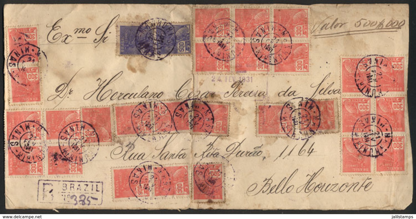 BRAZIL: Registered Cover With Declared Value Sent From MANHUMIRIM (Minas) To Bello Horizonte On 21/FE/1931 With Spectacu - Andere & Zonder Classificatie