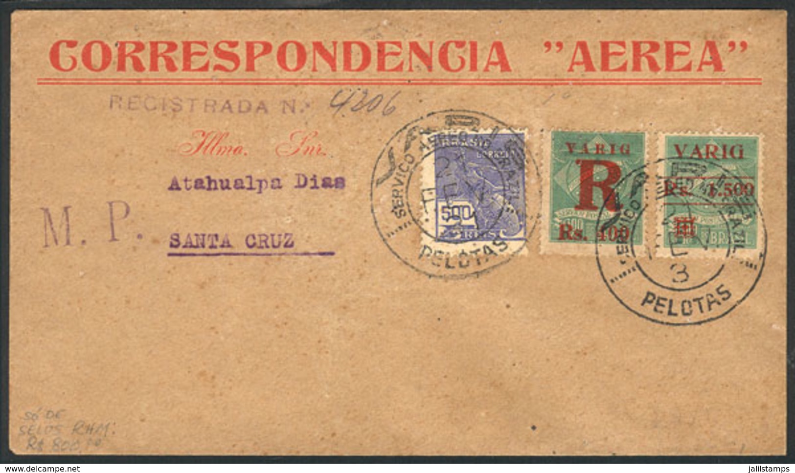 BRAZIL: Airmail Cover Flown By VARIG From Pelotas To Santa Cruz On 21/FE/1931, Franked By RHM.V-4 + V-13, Value Of The S - Other & Unclassified