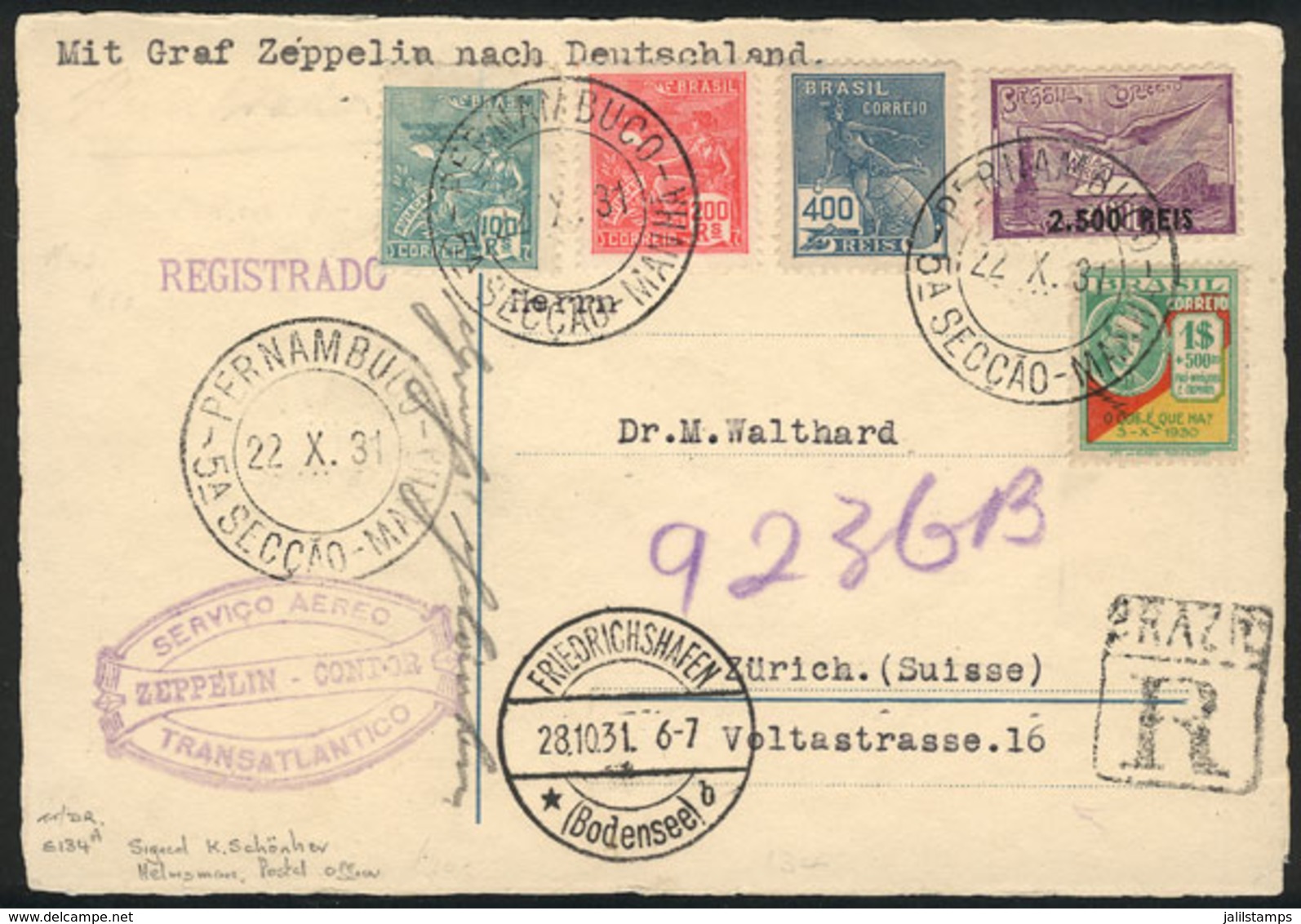 BRAZIL: 22/OC/1931 Pernambuco - Switzerland, Via ZEPPELIN: Registered Card With Multicolored Postage, Excellent Quality! - Other & Unclassified