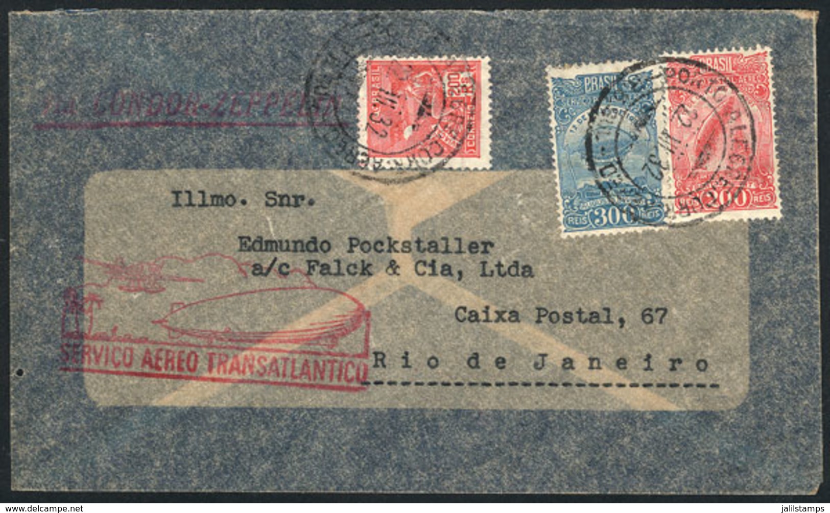 BRAZIL: 22/MAR/1932 Porto Alegre - Rio De Janeiro, Via ZEPPELIN: With Special Rose Cachet, And Arrival Backstamp, VF Qua - Autres & Non Classés