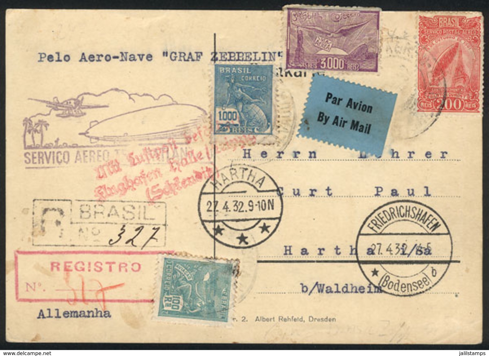 BRAZIL: APR/1932 Bahia - Germany, Via ZEPPELIN: Registered Card With Special Violet Cachet, With Transit And Arrival Mar - Other & Unclassified