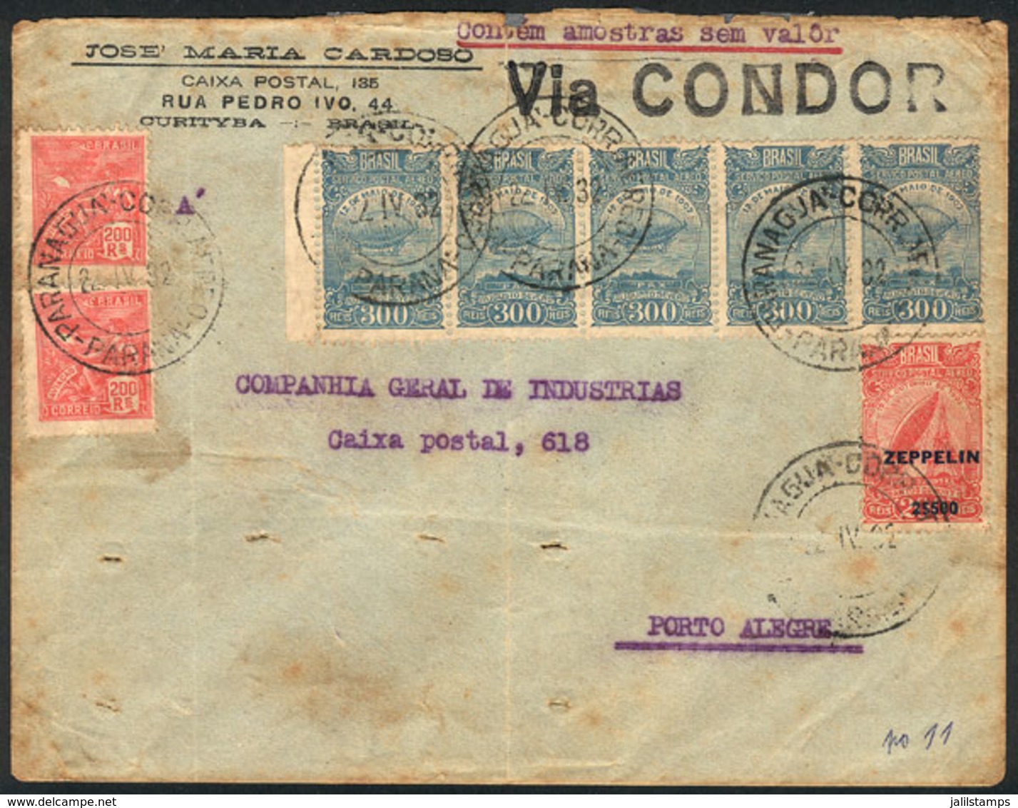 BRAZIL: Airmail Cover With Samples Without Values Sent From PARANAGUA To Porto Alegre On 22/AP/1932, Nice Postage! - Other & Unclassified