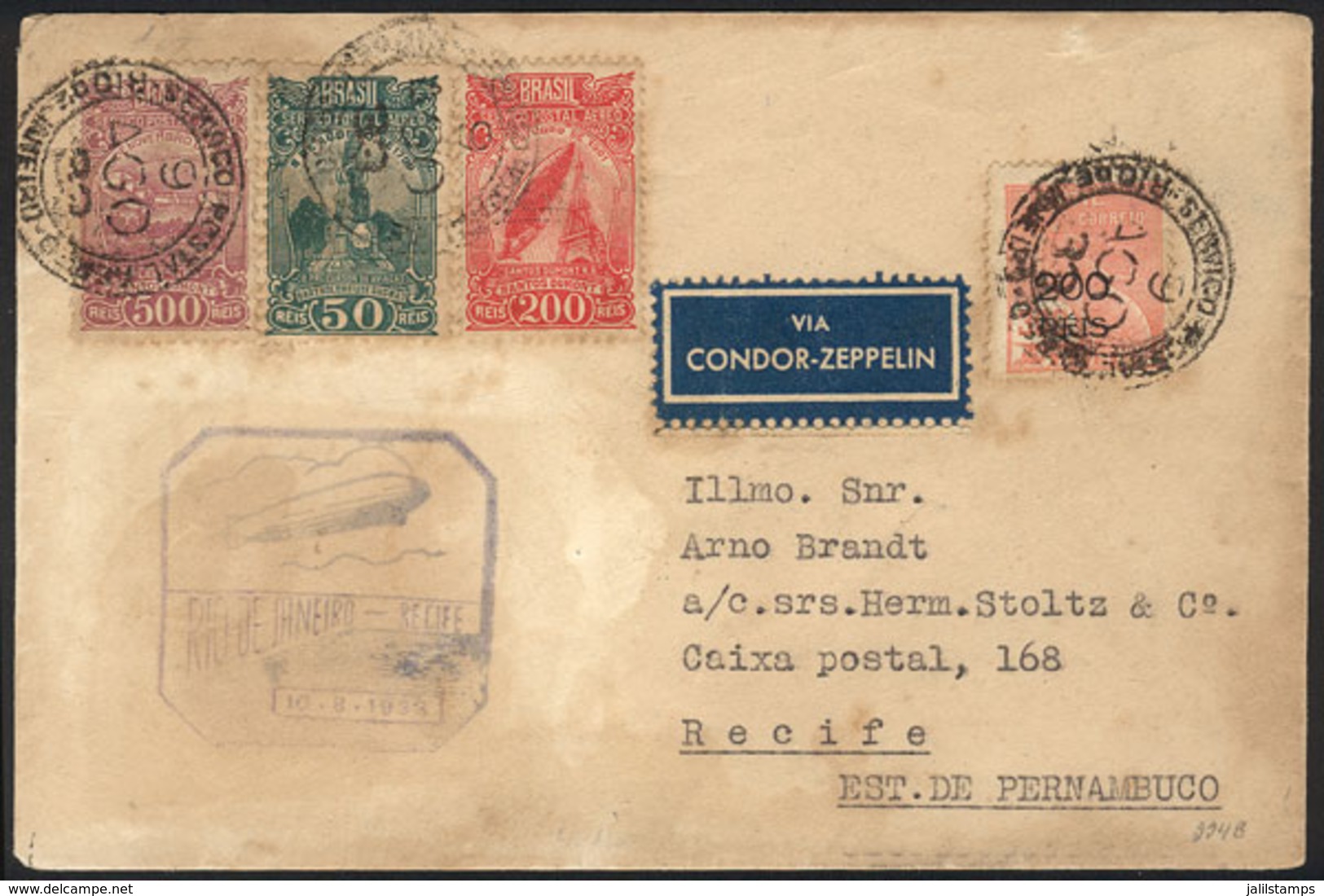 BRAZIL: 9/AU/1933 Rio De Janeiro - Recife, Via ZEPPELIN: Cover With Cachet Of The Flight, And Arrival Backstamp, With So - Other & Unclassified