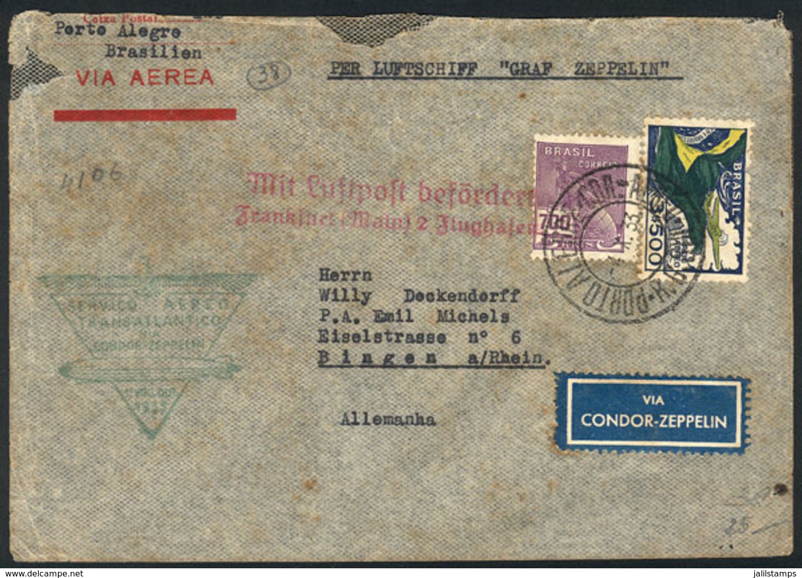 BRAZIL: 4/OC/1933 Porto Alegre - Germany, Via ZEPPELIN: Cover With Cachet Of The Flight, And Friedrichshafen Transit Bac - Autres & Non Classés