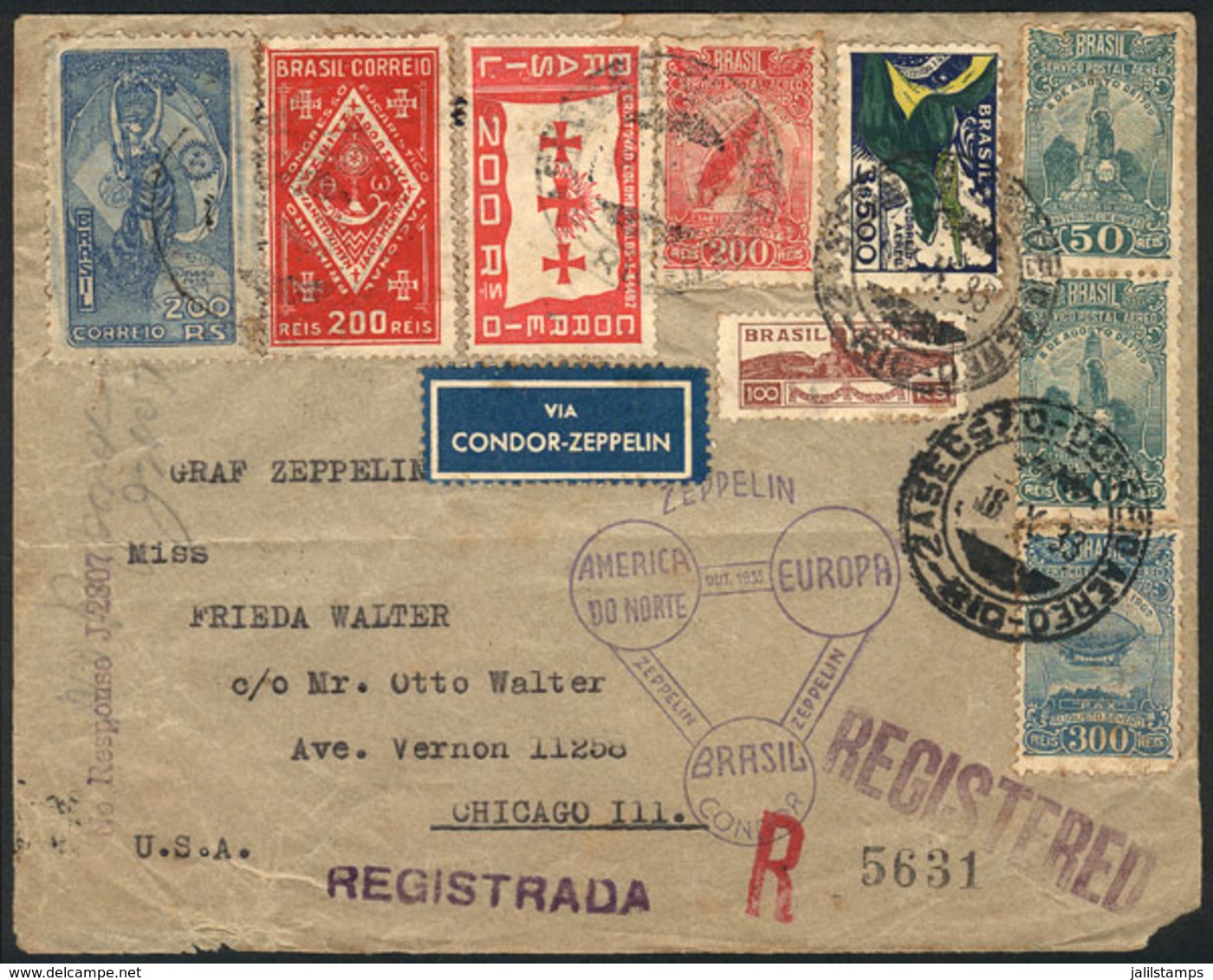 BRAZIL: 18/OC/1933 Rio De Janeiro - Chicago, Via ZEPPELIN: Registered Cover With Very Colorful Postage (9 Stamps, 8 Diff - Autres & Non Classés
