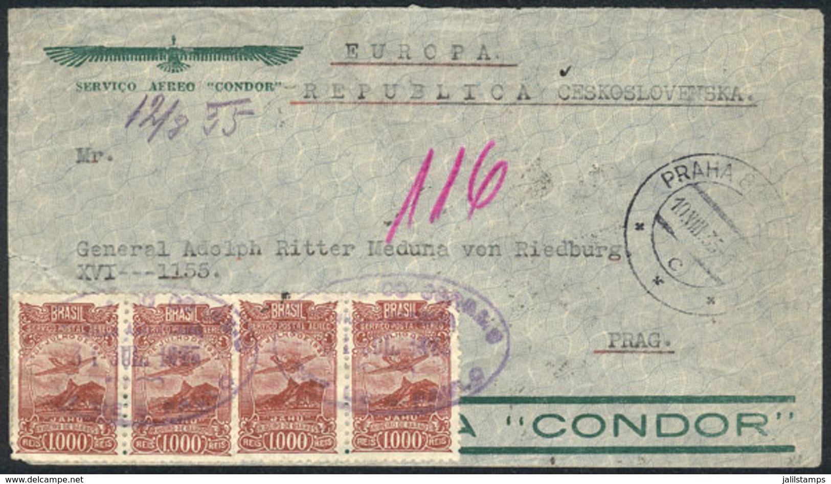 BRAZIL: Airmail Cover Sent From Villa Americana? To Czechoslovakia On 31/JUL/1935, VIA AIR FRANCE, Excellent Quality! - Other & Unclassified