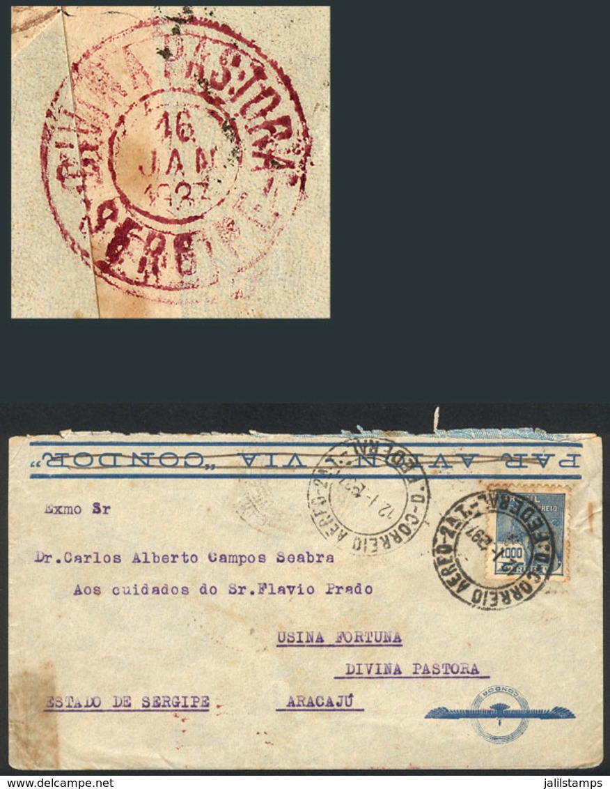 BRAZIL: Airmail Cover Sent From Rio To DIVINA PASTORA (Sergipe) On 12/JA/1937, With Rare Receiving Cancel On Back! - Autres & Non Classés
