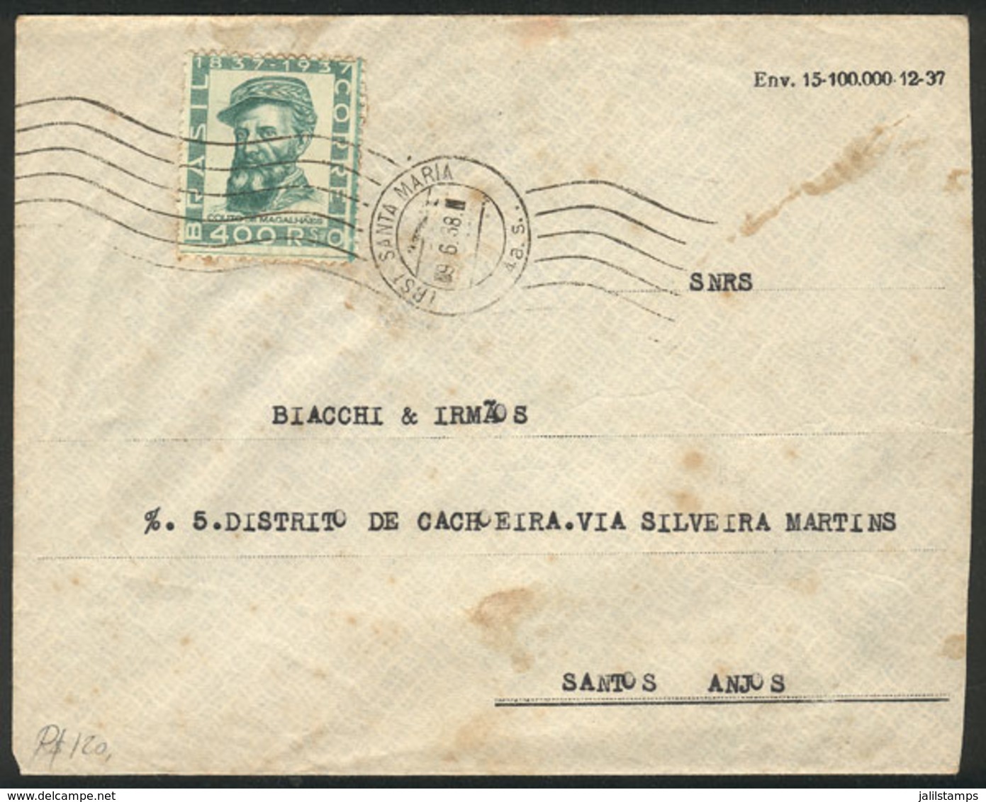 BRAZIL: Cover Sent From Santa Maria To Santos Anjos On 9/JUN/1938, Franked By RHM.C.130, Catalog Value 175Rs. - Autres & Non Classés