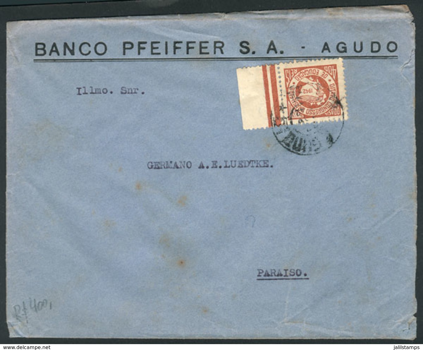 BRAZIL: Cover Sent From Agudo To Paraiso In AU/1942, Franked By RHM.C-176 ALONE, Catalog Value 400Rs., VF Quality! - Autres & Non Classés