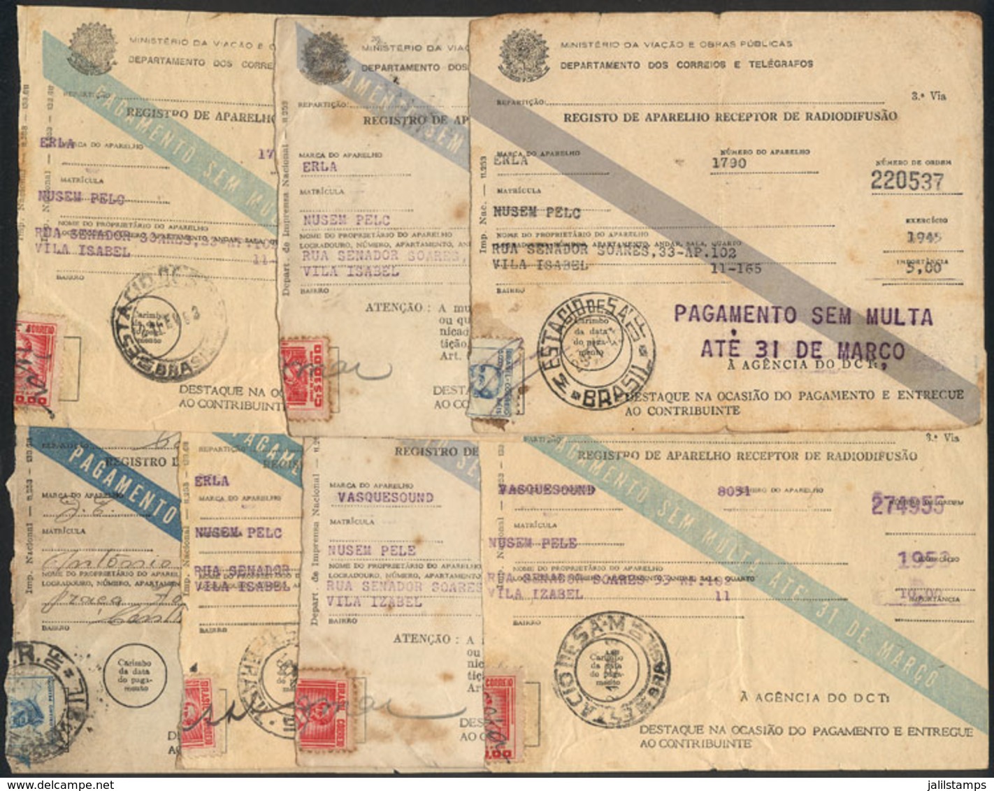 BRAZIL: 7 Licences Of Amateur Radio Operators Of 1945/1953, All Franked With Postage Stamps (torn When The Payment Recei - Autres & Non Classés