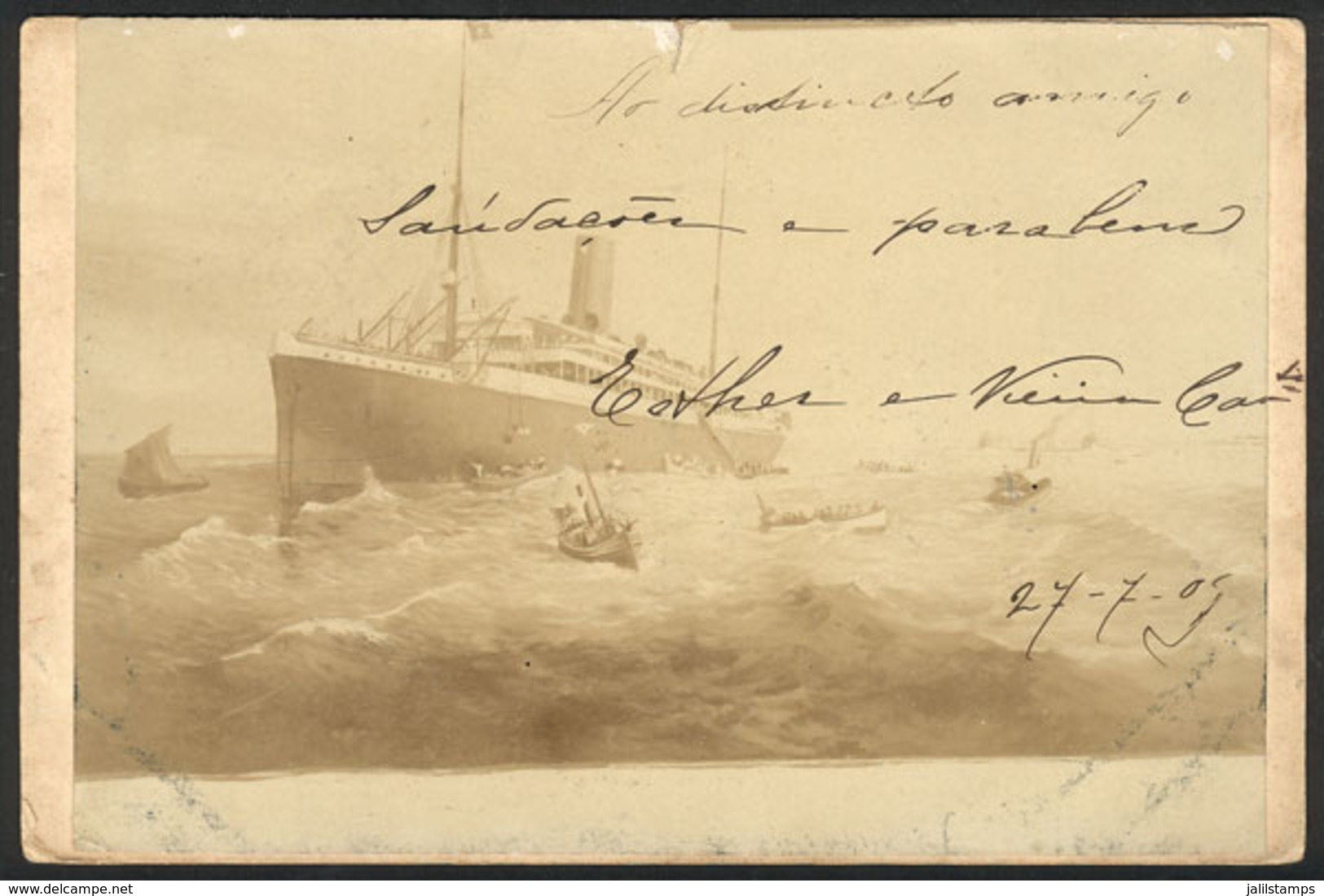 BRAZIL: Steamer, Original Photograph Glued To A Postcard, Used Circa 1909, With Small Cut Else VF! - Autres & Non Classés