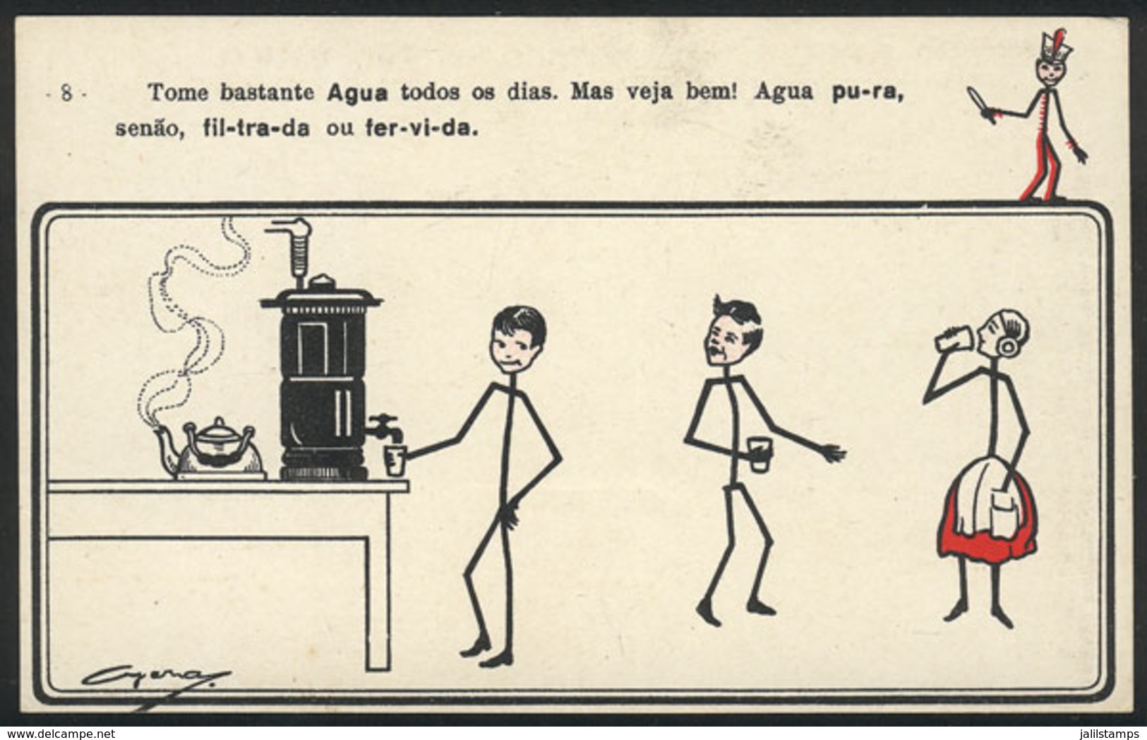 BRAZIL: "Drink Plenty Of Water Every Day", Old Illustrated PC Promoting Healthy Habits, Sao Paulo, VF Quality!" - Other & Unclassified